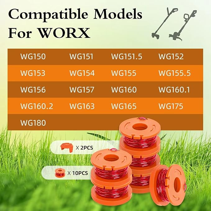 YMHB Trimmer Spool Line for Worx,12 Pack WA0010 Edger Spools Replacement for Worx, Trimmer Line Refills 0.065 inch for Worx, Suitable for Worx String Trimmers(10 Grass Trimmer Line, 2 Trimmer Cap)