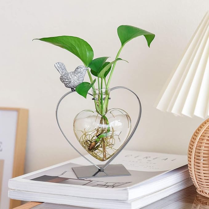 Marbrasse Desktop Glass Vase, Bulb Glass Vases for Holder, Creative Bird with Heart Planter Vase, Plant Terrarium Metal Stand for Modern Office Home Wedding Decorations