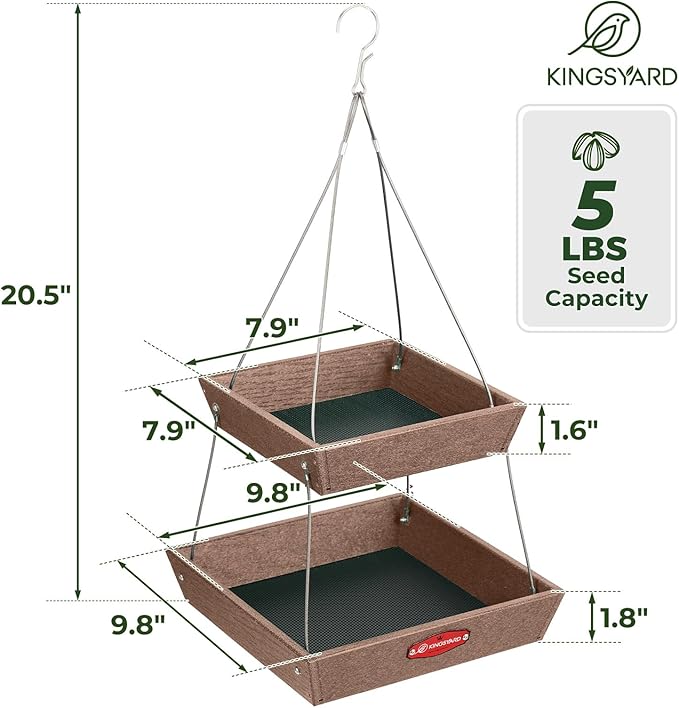 Kingsyard 2 Tier Platform Bird Feeder for Outdoors Hanging, Recycled Plastic Flat Bird Feeder Tray with Large Capacity 5 lbs, Garden Decoration Attracting Wildbirds, Brown