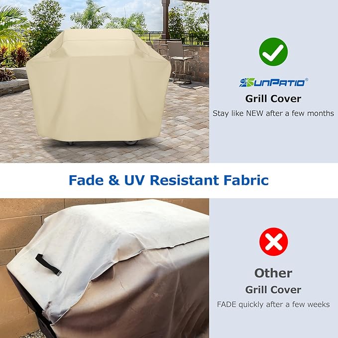 SunPatio 64 Inch Outdoor Waterproof BBQ Gas Cover, Heavy Duty Propane Grill Protector, All Weather Protection, Compatible for Weber Char-Broil Kenmore Nexgrill Grills and More, Beige