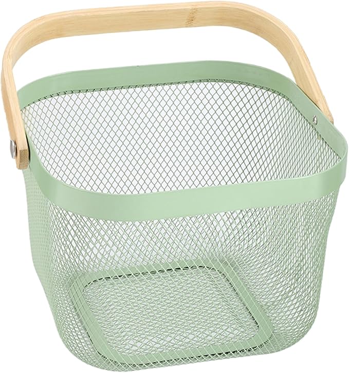 Metal Mesh Steel Basket, Storage Organizer Basket Multi-functional Hanging Kitchen Basket Fruit Basket Bin with Bamboo Handle, 9.84 x 10.2 x 7 inch, Mint Green