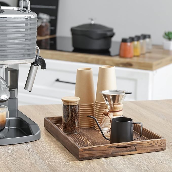 17 Inch Burnt Wood Serving Tray with Handles, Large Wooden Tray for Ottoman, Breakfast in Bed, Coffee Table, Dinner, Rectangular Tray for Living Room Bedroom Entryway and Kitchen