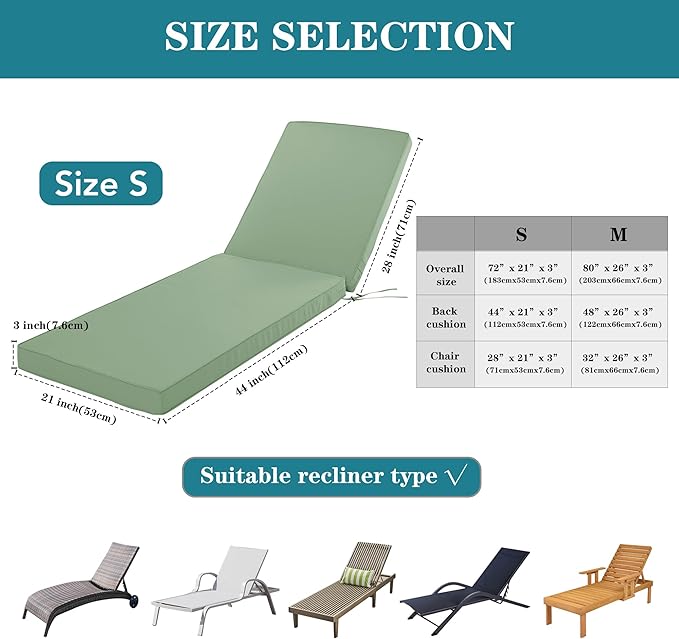 Outdoor Chaise Lounge Cushion Set of 2, Fadesafe Water-Repellent Lounge Deck Reclining Chair Cushions for Patio Furniture Lawn Pool Resort Hotel, 72x21x3 Inch, Sage Green