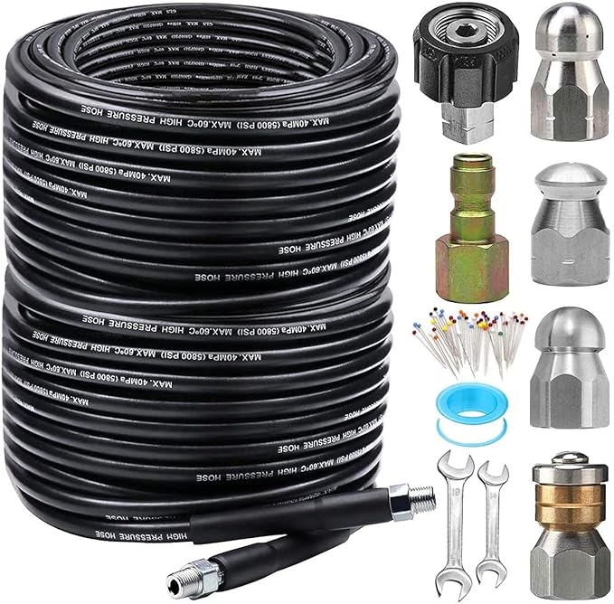 200FT Sewer Jetter Kit for Pressure Washer, 5800PSI Drain Cleaner Hose 1/4 Inch NPT Corner, Rotating and Button Hose Sewer Jetting Nozzle Pearl Corsage Pin Waterproof Tape with 2 Spanner