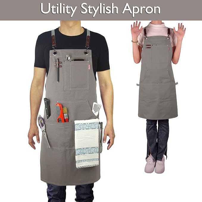 10 Pack Kitchen Apron, Work Apron, Canvas, Multiple Pockets, Gardening, Painting, BBQ, Artist, Carpenter, Sizes M to XXL, Dark Gray