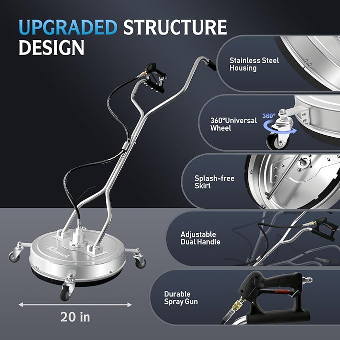 RAYNEL 20'' Pressure Washer Surface Cleaner with 4 Wheels, Dual Handle, Stainless Steel Housing, 2 Hose Adapters, 4 Replacement Nozzles