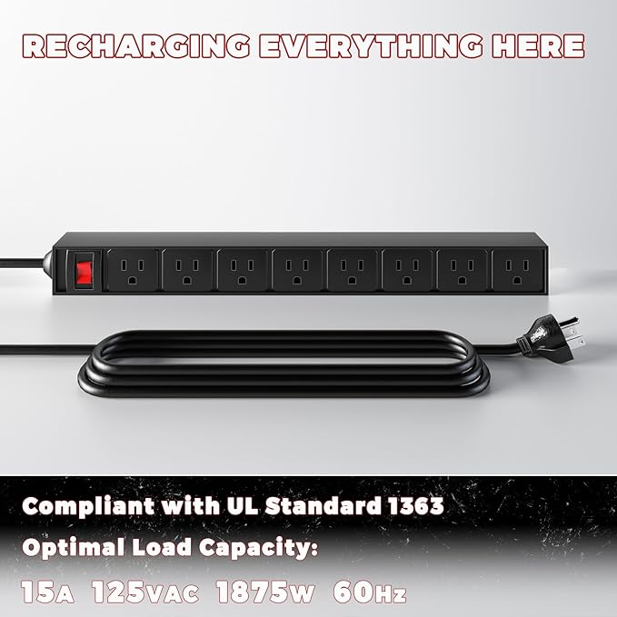 KAFAHOM Power Tool Organizer with Charging Station, Built in 8 Outlet Power Strip, Large 8 Drill Holder Wall Mount, Heavy Duty Metal Power Tool Storage Rack Tool Shelf for Garage Organization Red