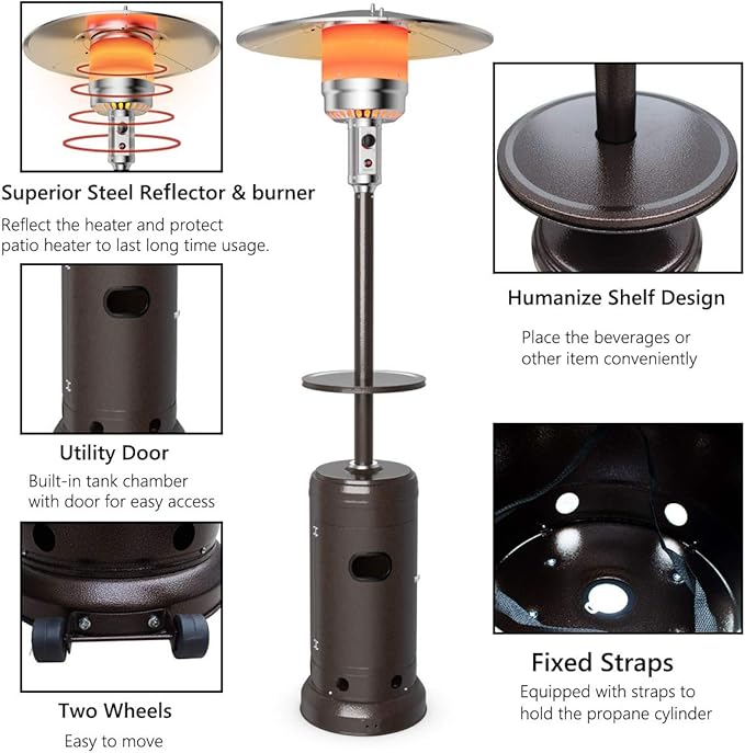 Tangkula 48,000 BTU Propane Patio Heater with Wheels, Outdoor Heaters for Patio with Shelf Tabletop, Stainless Steel Burner, Auto Shut Off & Tip-Over Protection, Portable Patio Heaters for Outdoor Use