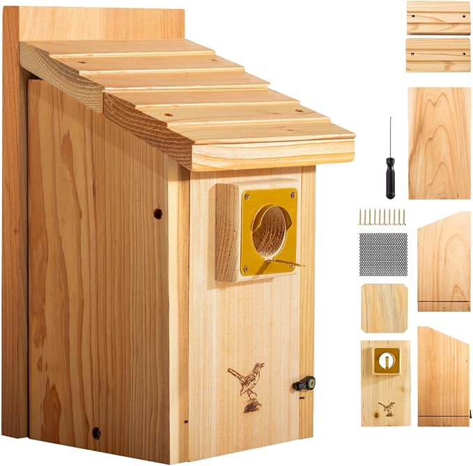 2pk XXXLL Bluebird Houses for Outside,Heavy Duty Western Red Cedar Bird House Birdhouses for Outdoor,Wall Tree Pole Mountable,1.5” Metal Predator Guard Hole 13/16" Thickness,Base Mesh Assembling Need