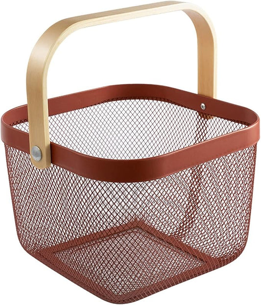Metal Mesh Steel Basket, Storage Organizer Basket Multi-functional Hanging Kitchen Baskets Fruit Basket Bin with Bamboo Handle for Kitchen Bathroom Picnic Shopping Decor Cabinet Home, Red