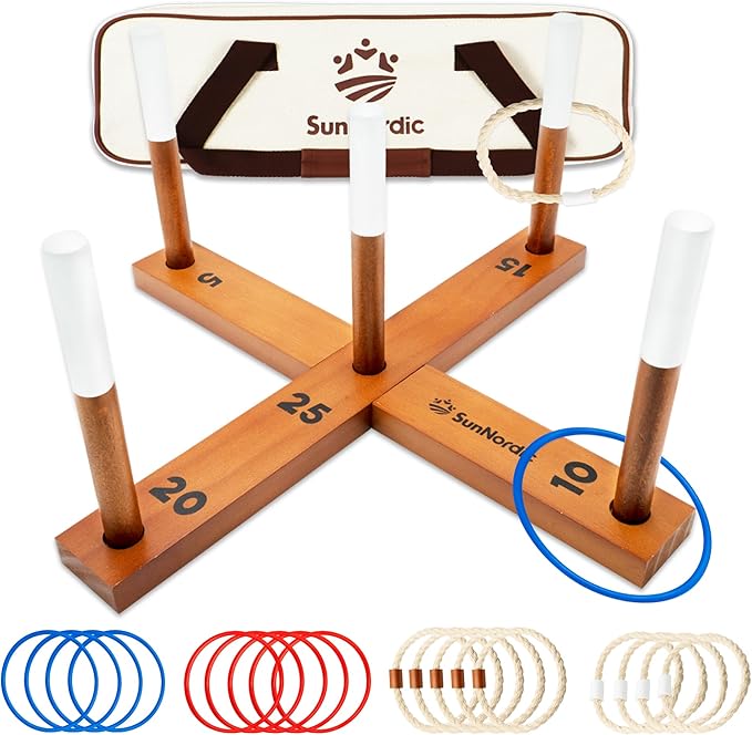 Wooden Ring Toss Game Set, Backyard Beach Camping Game with Toss Rings & Portable Carrying Bag, Outdoor Lawn & Yard Games for Kids, Adults & Family