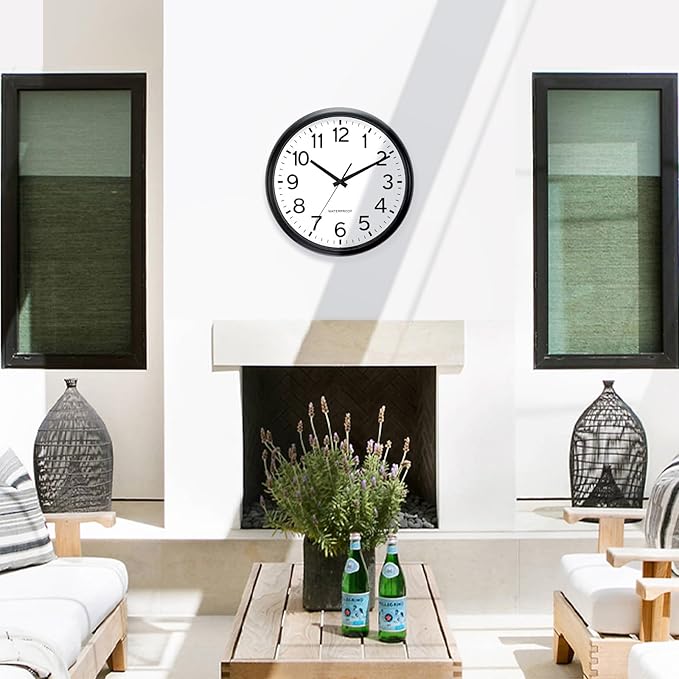 Caysie 16 Inch Sealed Large Outdoor Clock Waterproof, Silent Battery Operated Weatherproof Wall Clocks for Pool Patio Outside Home (Black)