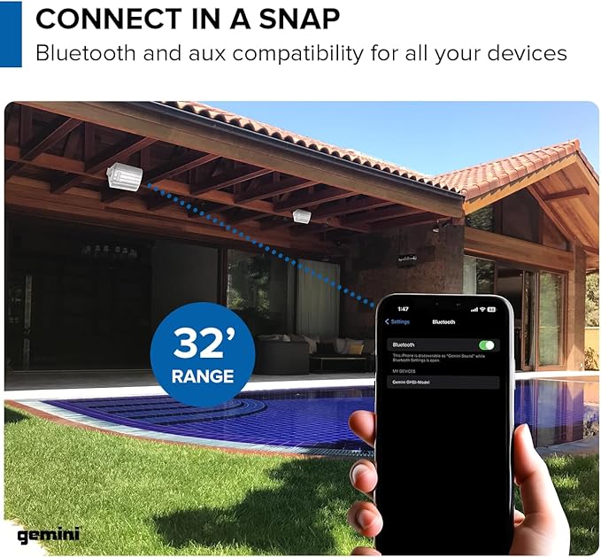 Gemini Sound GHSI-W525BT 5.25" Outdoor Bluetooth Speakers IP44 Waterproof Wired Powered Wall Mount Pair with Aluminum Grills, Patio Ready, Daisy-Chain Up to 16 Speakers, Balanced Stereo Audio (White)