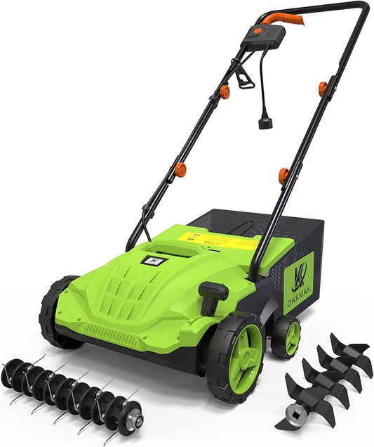 2-in-1 Electric Dethatcher Scarifier, Lawn Dethatcher with Collection Bag, 4-Position Depth Adjustment,13-Inch Working Width, Foldable Handle Design for Easy Carrying and Storage,Thatcher for Lawn