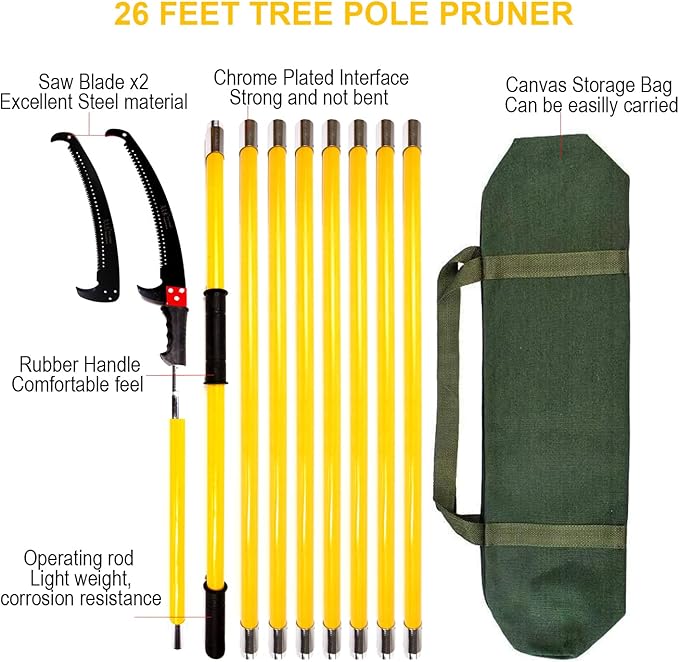 30 Feet Tree Pole Pruner, Durable Tree Trimmers Handle, Manual Branches Trimmer for Garden Tools Loppers Hand Pole Saws Extendable Height with Knives and Storage Pocket