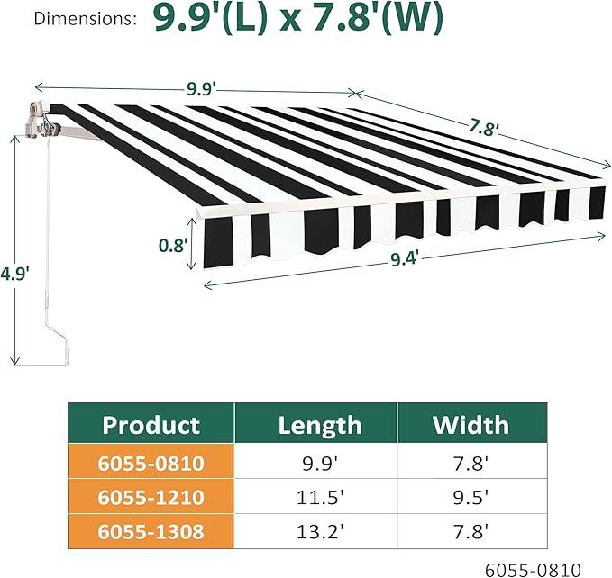 MCombo 9.9x7.8 Feet Manual Retractable Patio Door Window Awning Sunshade Shelter Outdoor Canopy,0810 (White with Black Stripes, 9.9'(L) x 7.8'(W))