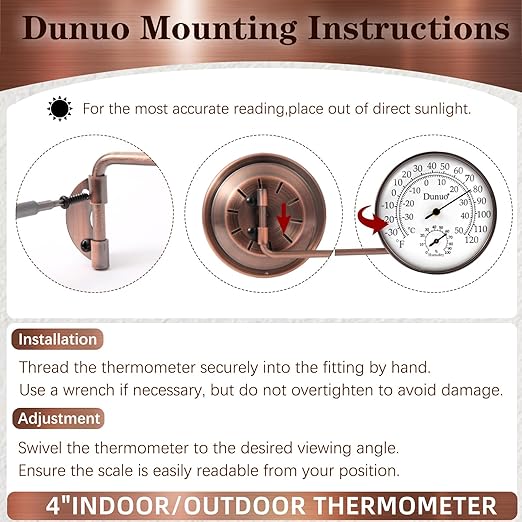 Outdoor Thermometer - Weatherproof & Decorative Outside Temperature Gauge for Window, Greenhouse Accessories and Patio (Easy-Read Brass Swivel Design) (4inch with Longer arm)