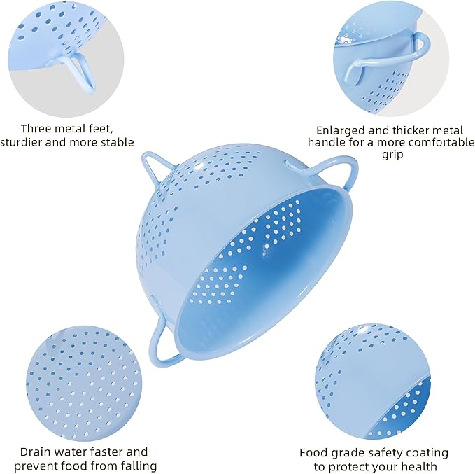 Metal Colander 5 Quart Powder Coated Self-draining Metal Strainer with Base,Kitchen Pasta Fruit Vegetable Basket with Double Handles,blue
