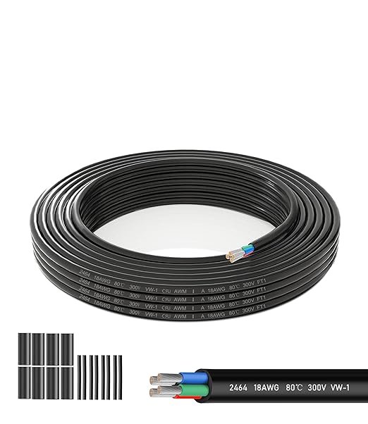 18 AWG 4 Conductor Electrical Wire - 26.25FT 18 Gauge Stranded PVC Cord with Tinned Copper Core, 12V/24V Low Voltage Flexible Cable for Automotive Marine LED Strips, Solar, RV Lighting
