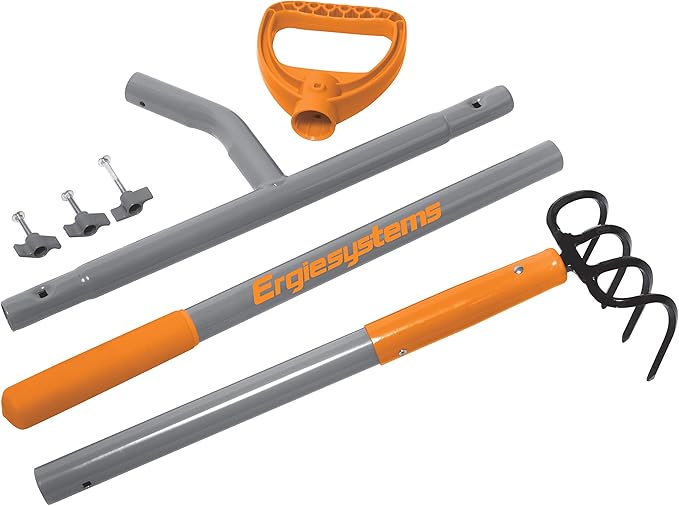 ErgieShovel 54" Ergonomic Steel Garden Cultivator w/ D Grip Handle, 4 Tine Head Lawn Tool for Yard Work, Soil Aeration, & Weeding, Orange - ERG-CLTV45