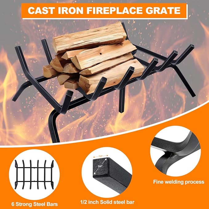 Fireplace Grate,Fireplace Log Holder,24 inch Heavy Duty Solid Cast Iron FIrewood Log Burning Rack for Inside The Fireplace Accessories Outood Fire Pit Kindling Fireplace Tools