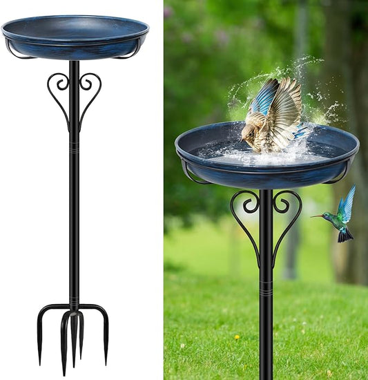 Metal Bird Bath for Outside, Vintage Freestanding Birdbaths with Metal Stake, Upgraded 5 Pronged Base Birdfeeder Feeder Bowl for Outdoors Garden Patio Yard Lawn Decor (Vintage Blue)