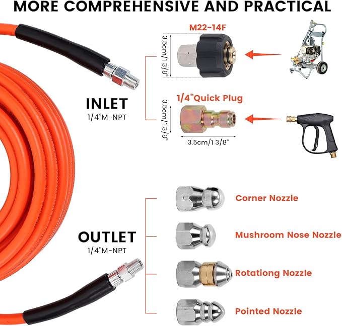 200FT Pressure Washer Sewer Jetter Kit, 5800 PSI Water Jet Drain Cleaner Hose with Corner Rotating Button Nose Nozzle, 1/4 Inch NPT, Sewer Jetter Nozzles Kit with Spanner Handle Strap
