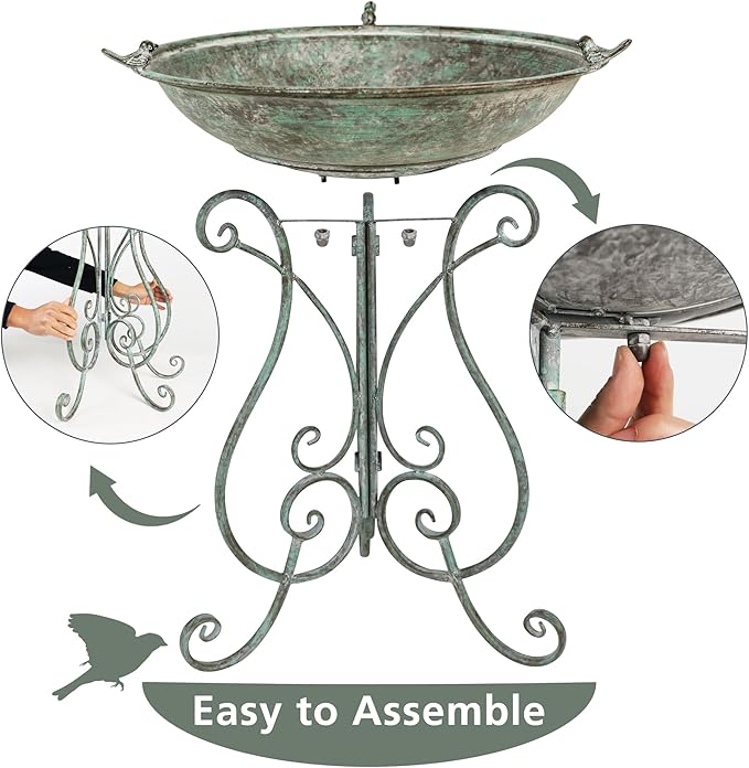 Solution4Patio 19.3" x 26.4" Vintage Metal Bird Bath for Outside - Foldable Garden Decor with Cast Iron Bird, Stable Birdbath Bowl & Feeder