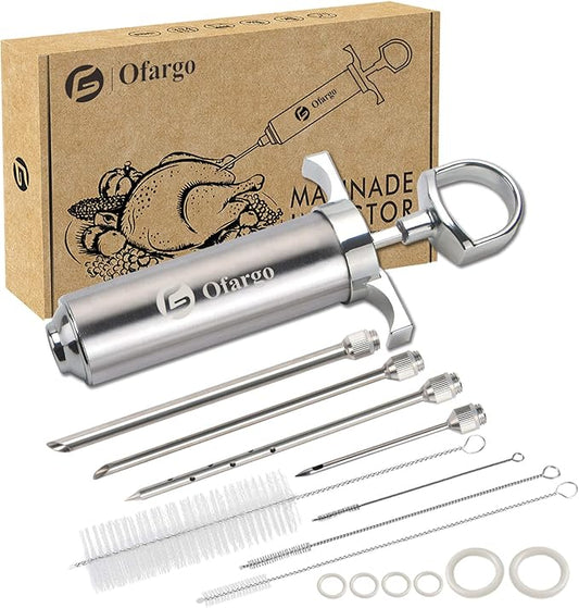 Stainless Steel Meat Injector Syringe Kit with 4 Marinade Needles for BBQ Grill Smoker, 2-oz Large Capacity, Both Paper User Manual and E-Book Recipe
