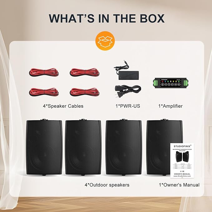 6.5 Inch Max 800W Outdoor Bluetooth Speakers Waterproof Wired with Multifunctional Amplifier Wall Mount Outdoor Speaker System for Patio Garden Poolside Home(4 Speakers,Black)