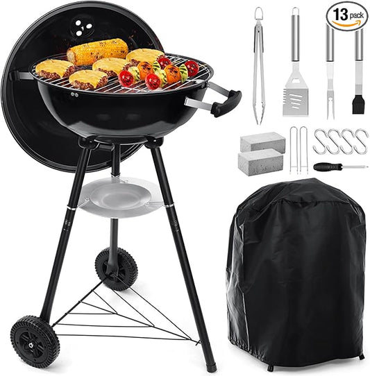 18 Inch Charcoal Grill, HaSteeL 2-In-1 Kettle Outdoor Barbecue Grill, Portable Black BBQ Grill for Camping/Backyard/Patio/Picnic, Porcelain-Enameled Lid & Fire Bowl, 254.SQ.IN Cooking Area, 13-Piece