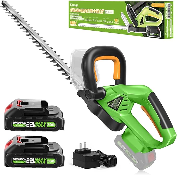 Saker Cordless Hedge Trimmer, 20” 22V Electric Bush Trimmer Handheld Shrub Trimmer, Lightweight Hedge Clippers with Dual-Action Blades, 9/16" Cutting Capacity, 2 Batteries and Charger Included