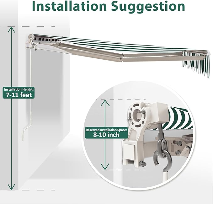 MCombo 11.5x9.5 Feet Manual Retractable Patio Door Window Awning Sunshade Shelter Outdoor Canopy, 1210 (Green with White Stripes, 11.5'(L) x 9.5'(W))