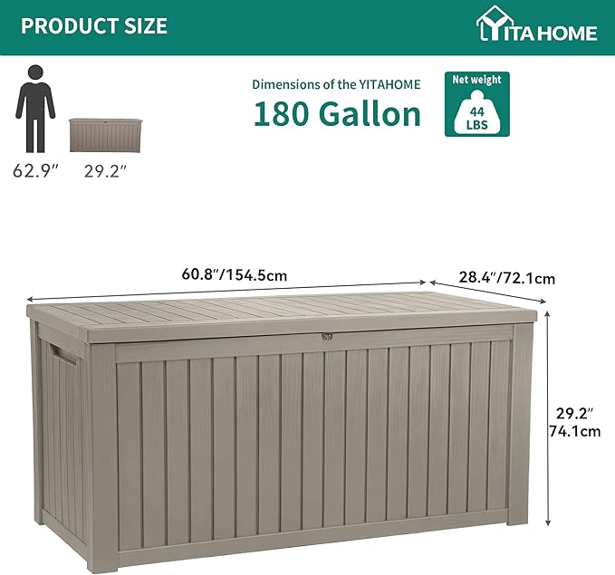 YITAHOME 180 Gallon Large Outdoor Storage XL Deck Box w/Divider for Patio Furniture,Outdoor Cushions, Garden Tools, Sports Equipment and Pool Supplies, Waterproof, Resin, Lockable, Taupe