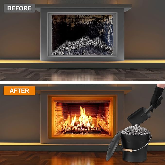 Ash Bucket with Lid, Shovel and Hand Broom, 2.6 Gallon Fireplace Metal Bucket Reinforced Base & Ash Can, Fire Pit,Wood Burning Stove for Fireplace, (Ash Bucket-2.6Gallon)