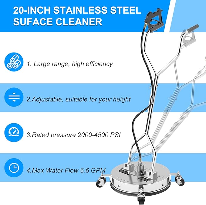 20" Pressure Washer Surface Cleaner with 304 Industrial-Grade Stainless Steel Housing, Dual Handle, Driveway Pressure Washer Attachment, 2 Replacement Nozzles, for Concrete, Sidewalk, Deck, 4500 PSI