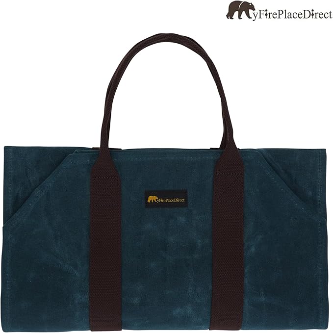 Sturdy Waxed Canvas Firewood Log Carrier, Durable Firepalce Wood Bag with Reinforce Duty Straps, BlueGreen