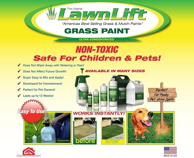Lawnlift Ultra Concentrated (Green) Grass Paint 64oz. Covers up to 2000 sq feet* Coverage Will Vary depending on Condition of Grass, Sprayer Setting, Dilution Ratio and Desired Shade.