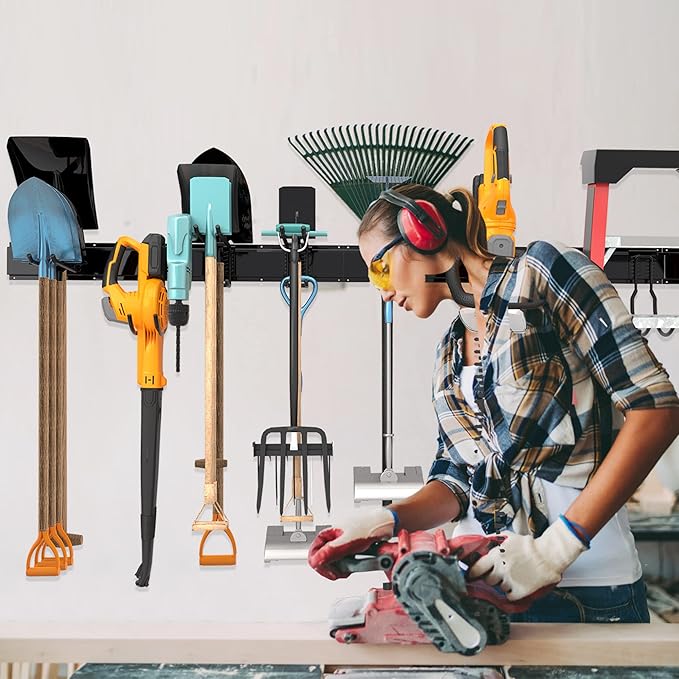Garage Tool Storage Rack, Heavy Duty Garage Storage Organizer Rack System Wall Mounted Tool with 12 double hooks, 4 rails Garden Tool Rack