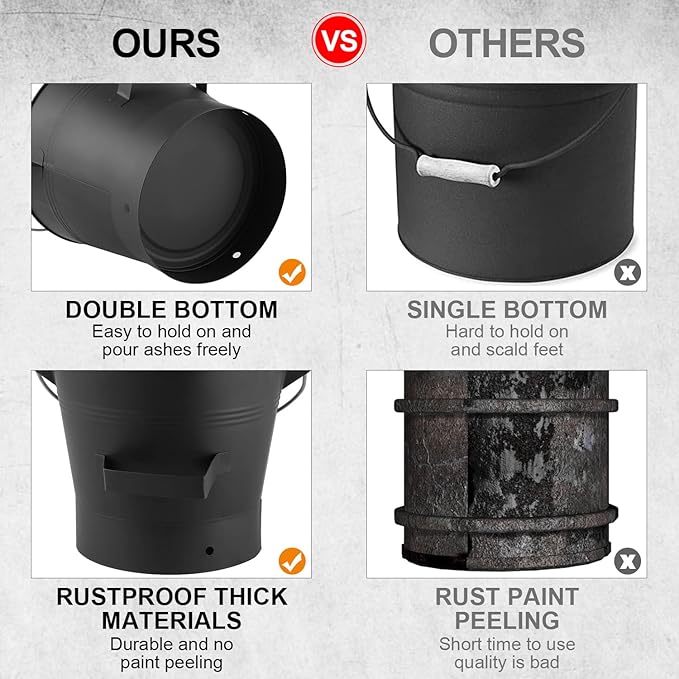 Ash Bucket with Lid, Shovel and Hand Broom, 2.6 Gallon Fireplace Metal Bucket Reinforced Base & Ash Can, Fire Pit,Wood Burning Stove for Fireplace, (Ash Bucket-2.6Gallon)