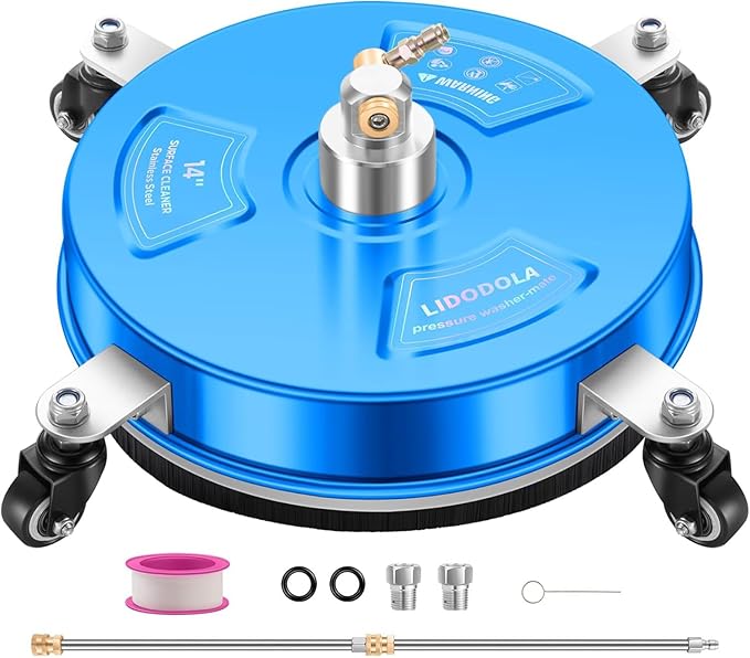 14" Pressure Washer Surface Cleaner with 4 Wheels - Coated Blue Stainless Steel Surface Cleaner for Pressure Washer Attachment for Concrete, Driveway, Patio, Sidewalk, Deck and Driveways - PWS14B