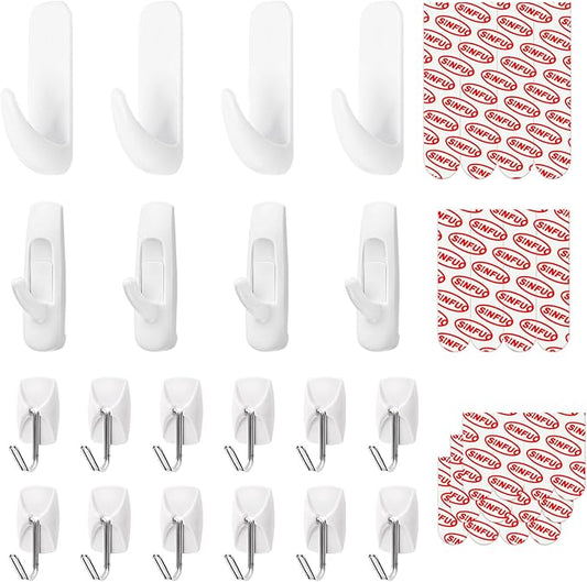 20 Hooks for Hanging Variety Pack,Adhesive Wall Hooks Heavy Duty with 20 Stirps,no Damage Large midium Small Sticky Utility Hooks for Outdoor、Tower、Keys