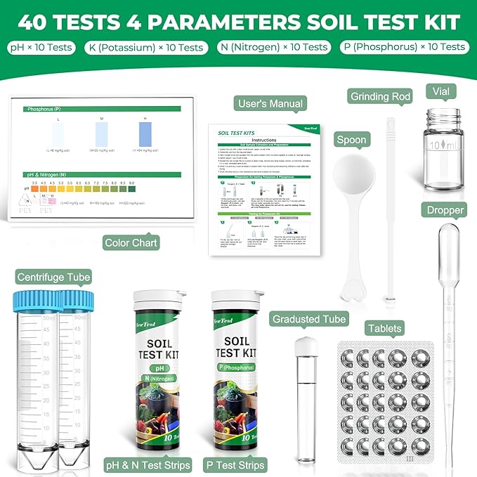 Soil Test Kit 4 Parameters: Professional Accurate 40 Tests Soil Testing Kits for Lawns Gardening Vegetable Garden for pH Nitrogen Phosphorus Potassium - Soil Tester for Garden Nutrients