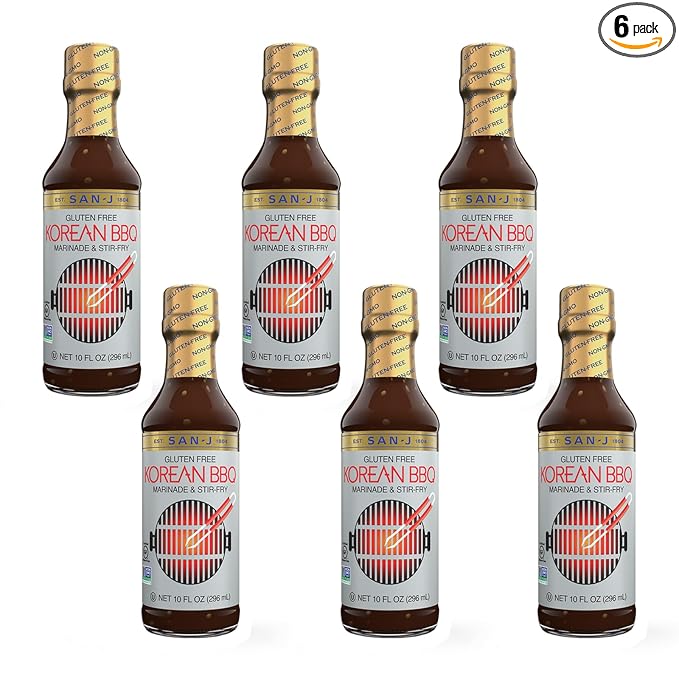 San-J - Gluten Free Korean BBQ Sauce - Bold and Savory Sauce for Cooking - Non-GMO - 10 oz. Bottles - 6 Pack