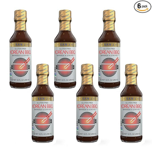 San-J - Gluten Free Korean BBQ Sauce - Bold and Savory Sauce for Cooking - Non-GMO - 10 oz. Bottles - 6 Pack