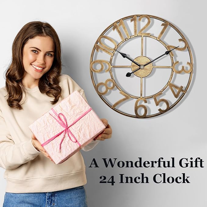 Indoor Outdoor Large Wall Clock，Silent Analog Battery Operated 24 Inch Metal Wall Clock for Patio, Porch, Pool Area, Kitchen, Living Room, Farmhouse Decor - Vintage Gold