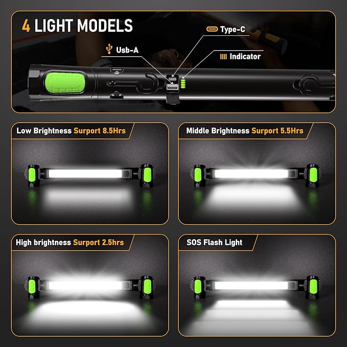 Work Light for Mechanic,3200LM LED Work Lights,5400mAh Rechargeable Magnetic Light bar,Portable Automotive Tools Cordless Underhood Light with Hooks for Car Garage Workshop Emergency,Present for Him