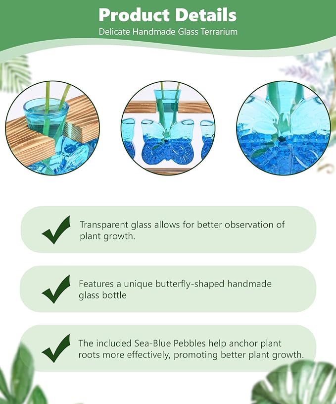 Nacome Plant Terrarium with Wooden Stand,Butterfly-Shaped Glass Vase Planter Propagation Station for Home Office Decor, Unique Gifts for Plant Lovers Women Mom(Blue)