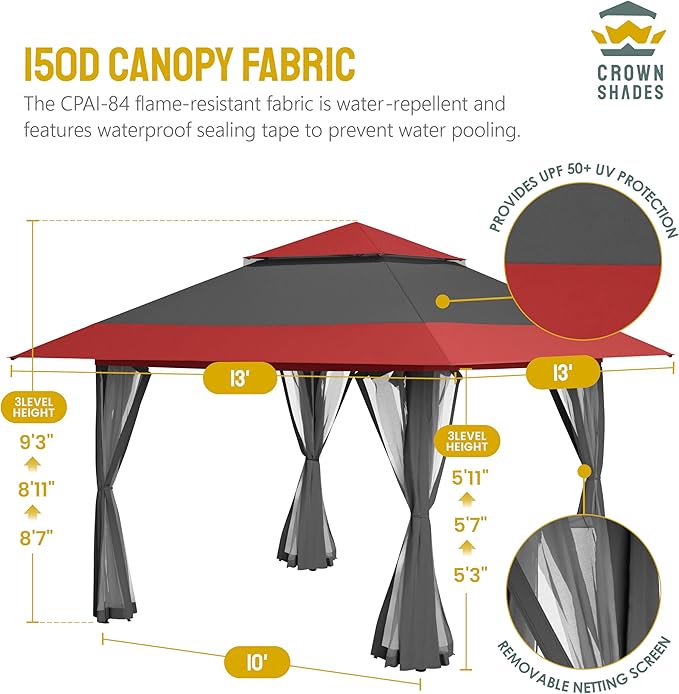 CROWN SHADES 13x13 Pop Up Gazebo, Canopy Tent, Gazebos on Clearance - Outdoor Gazebo for Backyard & Patio Furniture - Carpa Pop Up Tent with Wheeled STO-N-Go Cover Bag (Red & Grey)