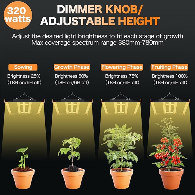 Grow Lights for Indoor Plants, 320W LED Grow Light, 3x3ft Coverage Full Spectrum Daisy Chain Growing Light, Dimmable & Retractable Bar Style Grow Lamp for Greenhouse Vegetable Flower